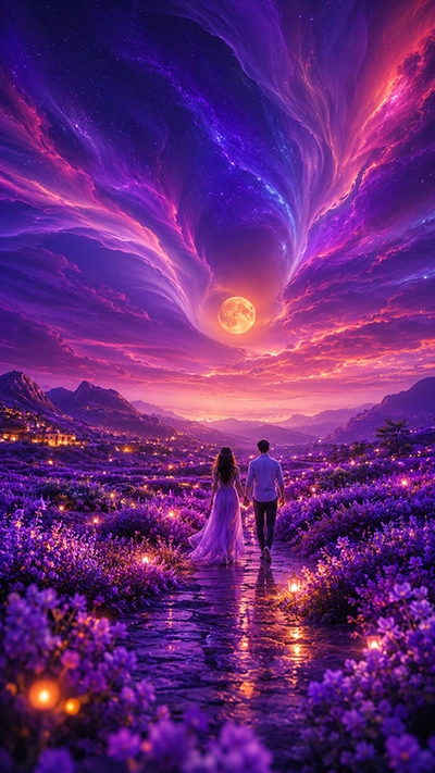 Dreamy Wallpaper showing a couple walking through a glowing flower field beneath a moonlit fantasy sky filled with purple clouds.