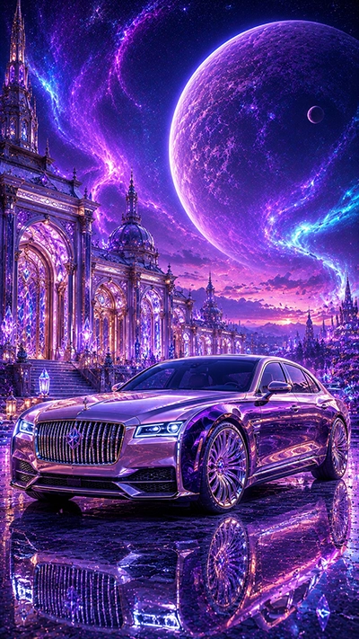 Fantasy Car Wallpaper showing a luxury sedan in front of a crystal palace with giant planets and purple cosmic skies.