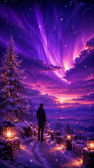 Dreamy Wallpaper featuring a snowy mountain trail, glowing lanterns, purple aurora skies, and a winter sunset view.