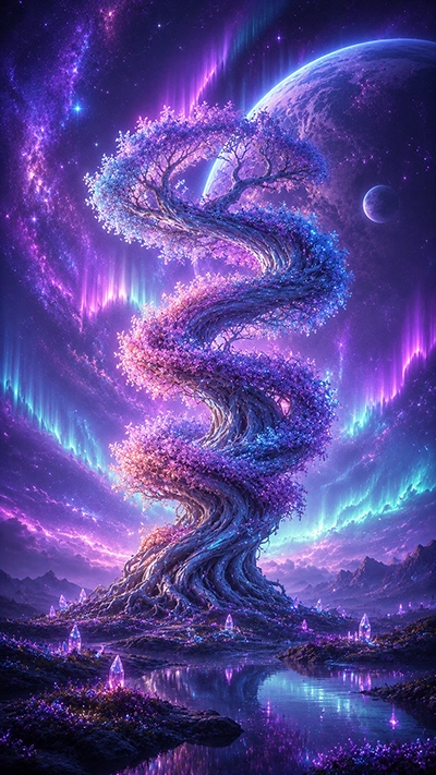 Fantasy Tree Wallpaper with a spiral-shaped glowing tree, purple auroras, crystals, and a giant planet in the background.