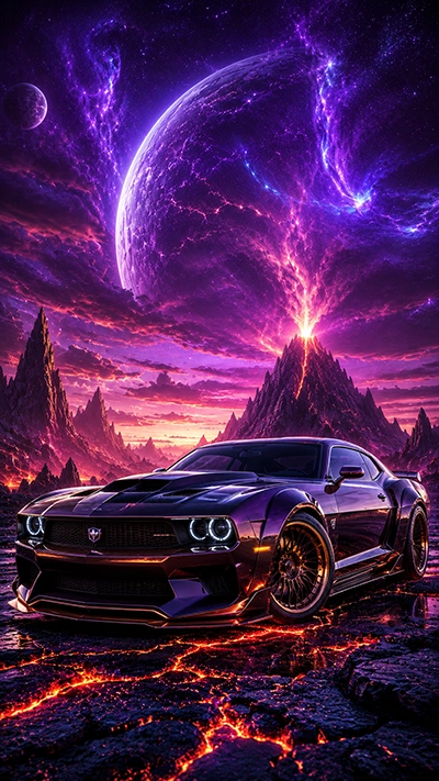 Fantasy Car Wallpaper showing a muscle car on volcanic terrain with lava flows, giant planets, and cosmic energy in the sky.