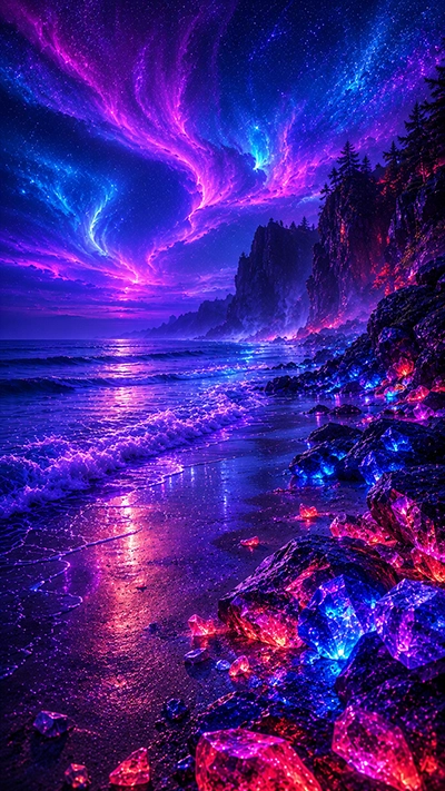 Waves Phone Wallpaper featuring glowing purple ocean waves, colorful crystal rocks, vibrant aurora sky, and a magical fantasy coastline in HD.