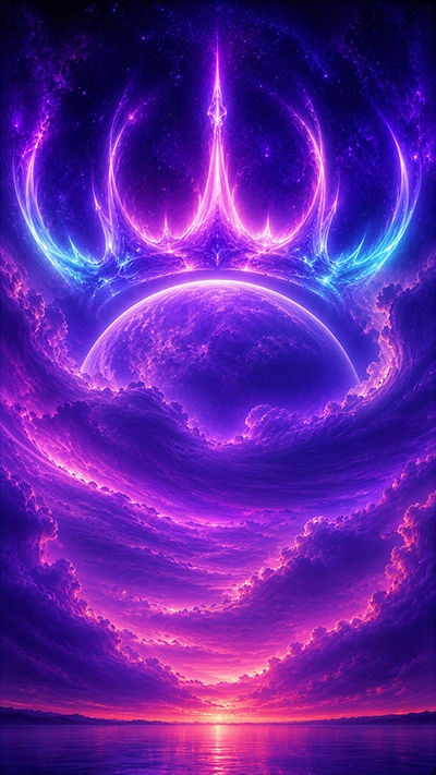 Fantasy Aurora Wallpaper with glowing celestial crown, purple planet, radiant clouds, and magical aurora sky in HD.