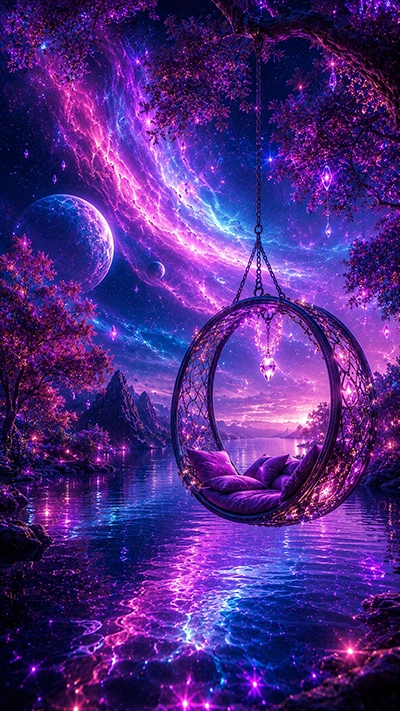 Dreamscape Phone Wallpaper showing a glowing crystal swing above a magical lake with cosmic skies, radiant planets, sparkling stars, and enchanted fantasy trees.
