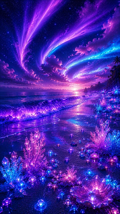 Glowing Beach Wallpaper featuring luminous crystal formations, sparkling gemstones, glowing ocean waves, and colorful aurora streaks across a fantasy sunset sky in HD.
