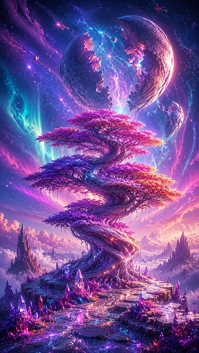 Tree Wallpaper featuring a magical twisting crystal tree, shattered fantasy planets, glowing auroras, and colorful cosmic skies in HD for mobile.