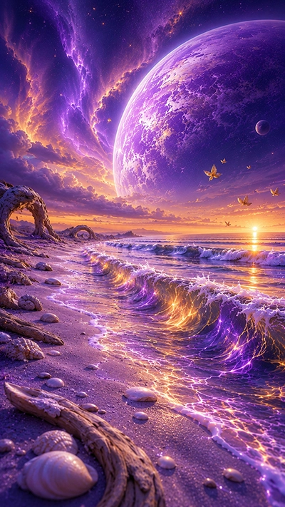 Beach Mobile Wallpaper featuring glowing purple and golden waves, seashells, a giant fantasy planet, magical sunset, and butterflies on a tropical beach in HD.