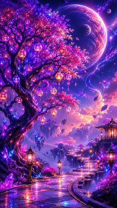 Fantasy Tree Wallpaper showing a glowing lantern tree beside a magical pathway, floating islands, crystal formations, and a giant cosmic planet in a vibrant fantasy sky.