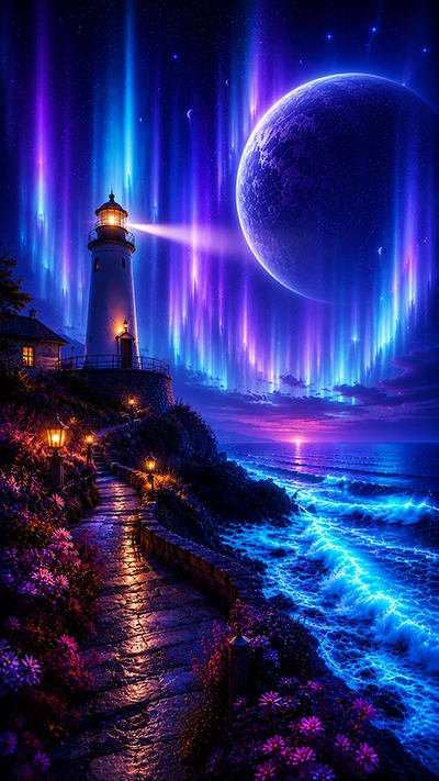 Glowing Beach Wallpaper showing a lighthouse beside glowing blue waves, colorful aurora lights, a giant fantasy planet, and a flower-lined coastal pathway in HD.