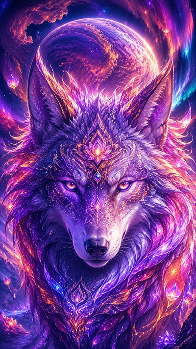 Wolf Phone Wallpaper showing a majestic purple fantasy wolf with glowing eyes, celestial markings, cosmic fur, and a giant glowing planet in the background in HD.