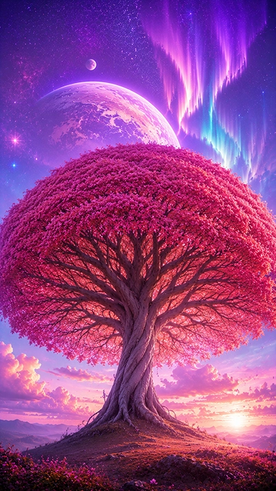Fantasy Tree Wallpaper featuring a giant pink blossom tree, glowing aurora sky, purple planet, and magical fantasy landscape in HD for mobile.