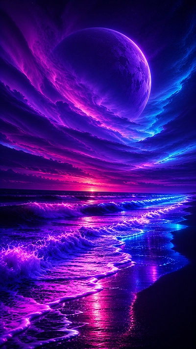 Beach Waves Phone Wallpaper featuring glowing purple ocean waves, a giant fantasy planet, colorful sunset sky, and magical beach reflections in HD.