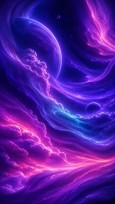 Aurora Phone Wallpaper showing giant purple planets, glowing aurora clouds, cosmic sky, and dreamy fantasy space in HD for mobile.