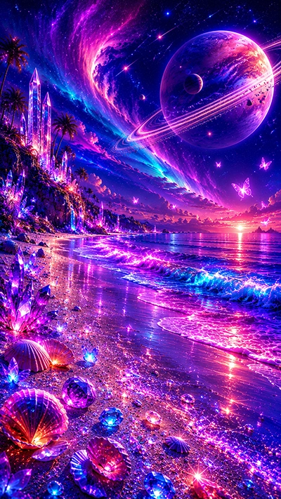 Glowing Beach Wallpaper with glowing crystal formations, colorful seashells, radiant ocean waves, butterflies, and a giant ringed planet above a fantasy beach in HD.