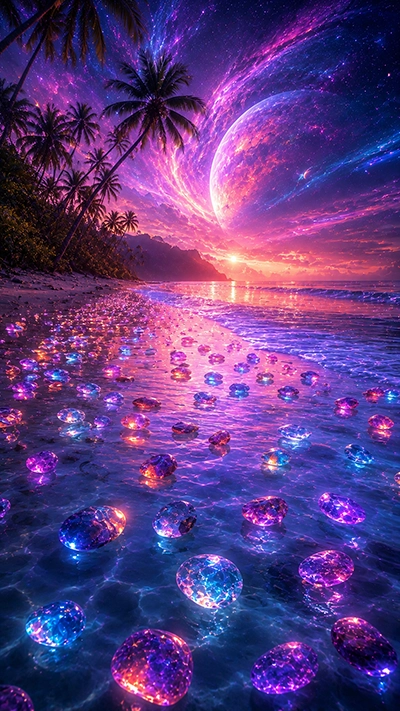 Glowing Beach Phone Wallpaper with colorful crystal gems on a tropical shoreline, cosmic planet, vibrant sunset sky, and sparkling ocean reflections.