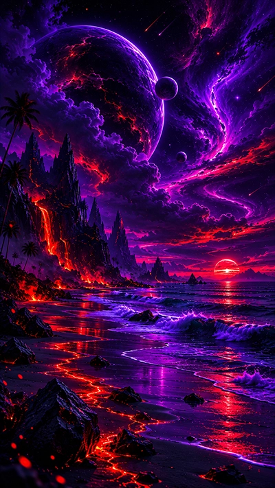 Dark Phone Wallpaper featuring a fantasy volcanic beach with glowing lava, purple planets, cosmic sky, ocean waves, and dramatic cliffs in HD.