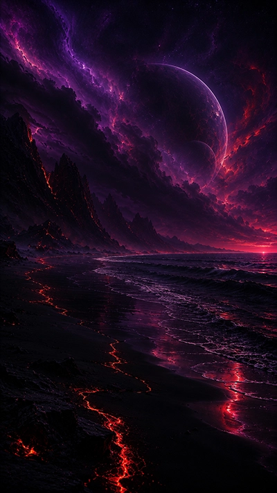 Dark Fantasy Wallpaper depicting a dark volcanic beach with glowing crimson fissures, stormy waves, towering cliffs, and massive celestial planets beneath a dramatic purple sky in HD.