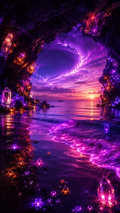 Glowing Beach Wallpaper showing a crystal cave with glowing purple waves, sparkling gemstones, and a vibrant sunset sky over a fantasy beach in HD.