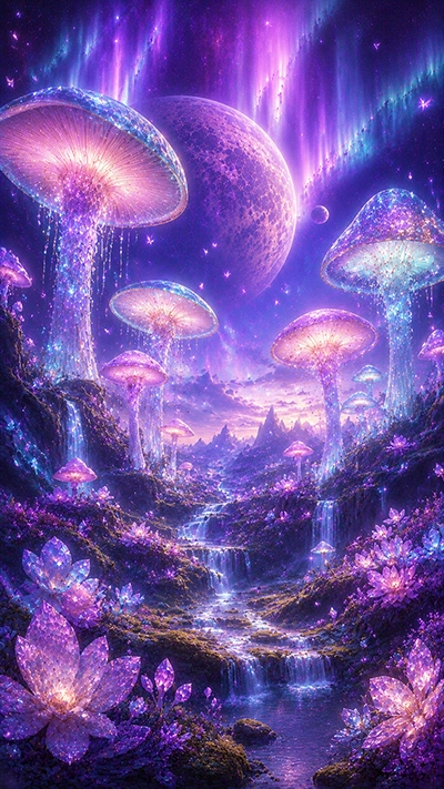 Fantasy Planet Wallpaper showing glowing crystal mushrooms, sparkling waterfalls, crystal flowers, colorful auroras, and a giant celestial planet in a magical fantasy landscape.
