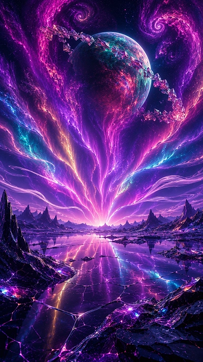 Fantasy Aurora Wallpaper showing a crystal-ringed planet above a glowing purple landscape with colorful aurora streams, reflective water, and cosmic fantasy scenery in HD.