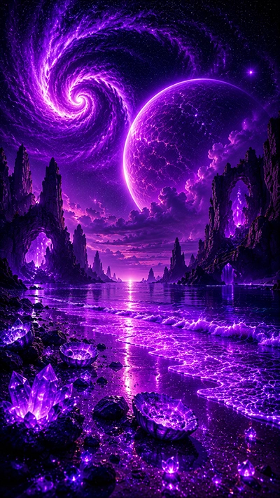Glowing Beach Wallpaper with luminous purple crystals, glowing shoreline, fantasy sea cliffs, giant planet, and cosmic galaxy sky in HD.