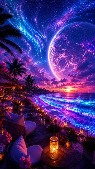 Glowing Beach Wallpaper with glowing blue waves, tropical beach lounge, palm trees, giant fantasy planet, and vibrant cosmic sunset sky in HD.