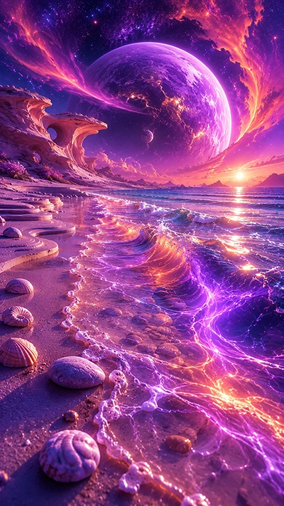 Beach Waves Wallpaper featuring glowing purple ocean waves, giant fantasy planet, magical seashells, and a colorful sunset sky in HD for mobile.