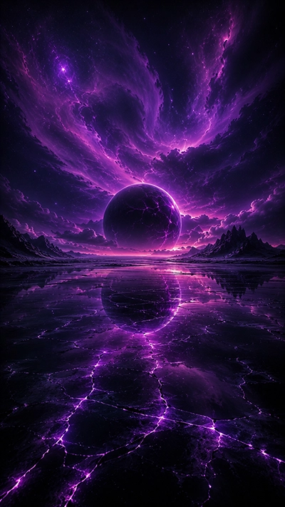 Dark Fantasy Wallpaper showing a cracked purple planet above a reflective surface with glowing violet fissures, dramatic cosmic clouds, and distant mountain silhouettes in HD.