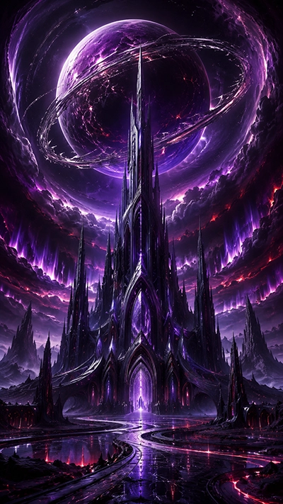 Dark Fantasy Wallpaper showing a towering gothic citadel beneath a giant ringed planet, surrounded by dark clouds, glowing purple energy, and a cosmic fantasy landscape.