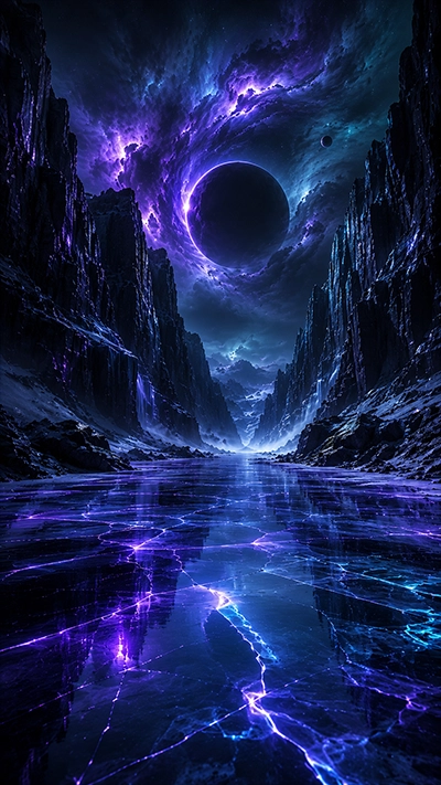 Dark Fantasy Wallpaper depicting a frozen canyon with glowing purple ice cracks beneath a cosmic eclipse, swirling celestial clouds, and towering shadowy cliffs in HD.