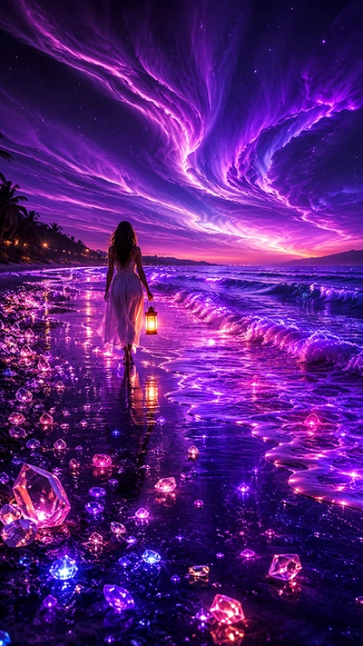 Dreamscape Mobile Wallpaper featuring a woman carrying a lantern on a glowing beach with crystal gems, purple waves, and a magical cosmic sky in HD.