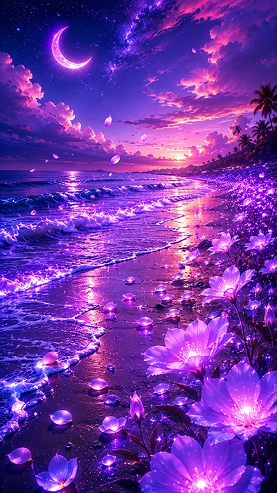 Glowing Beach Wallpaper with glowing purple flowers, sparkling beach waves, crescent moon, tropical shoreline, and vibrant fantasy sunset sky in HD.