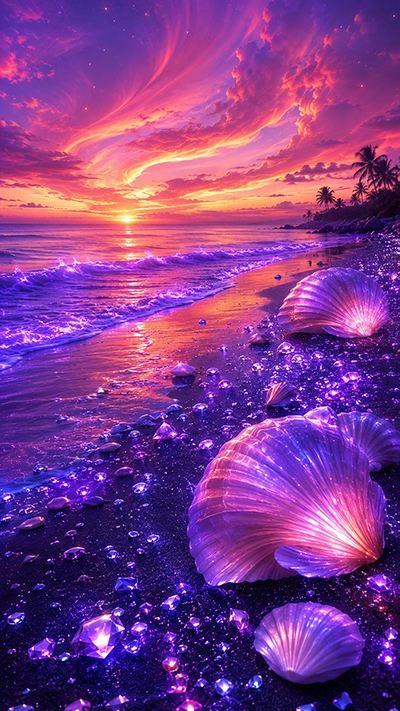Glowing Beach Wallpaper showcasing radiant purple seashells, sparkling crystals, gentle ocean waves, and a vibrant pink sunset sky on a fantasy beach in HD.