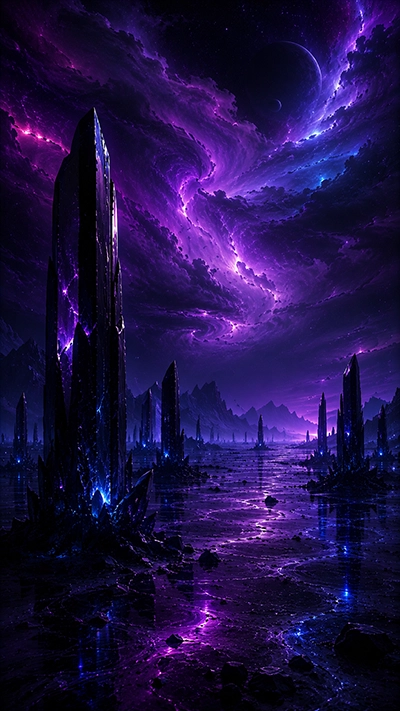 Dark Fantasy Wallpaper depicting massive black crystal monoliths across a reflective terrain under a swirling purple cosmic sky with distant planets in HD.