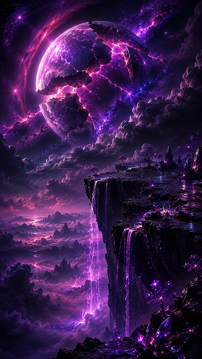 Dark Fantasy Wallpaper showing a shattered purple planet above floating cliffs, glowing waterfalls, crystal formations, and a mysterious cosmic sky in a dark fantasy landscape.