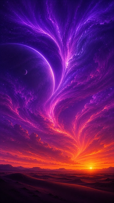 Fantasy Aurora Wallpaper with purple cosmic aurora, giant planet, glowing sunset, and fantasy desert landscape in HD.