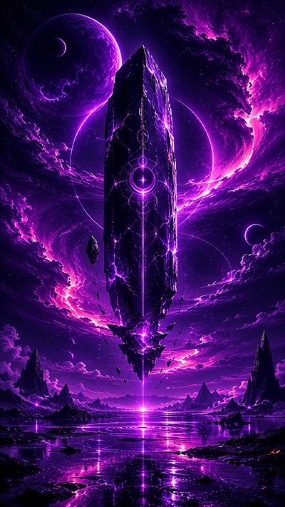Dark Fantasy Wallpaper showing a giant floating monolith with glowing mystical symbols above a reflective landscape beneath purple cosmic skies and distant planets in HD.
