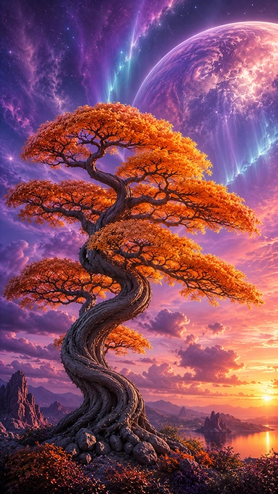 Fantasy Tree Mobile Wallpaper showing a twisted bonsai tree with glowing autumn leaves, a giant fantasy planet, colorful auroras, dramatic sunset clouds, and distant mountains in HD.