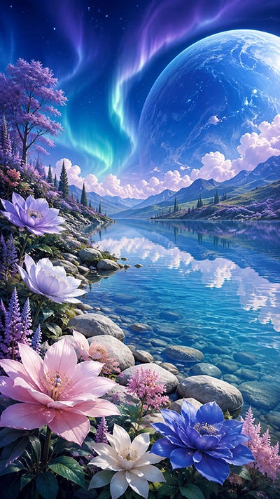 Flower Phone Wallpaper featuring colorful fantasy flowers beside a crystal lake with a giant blue planet, glowing auroras, mountain scenery, and vivid reflections in HD.