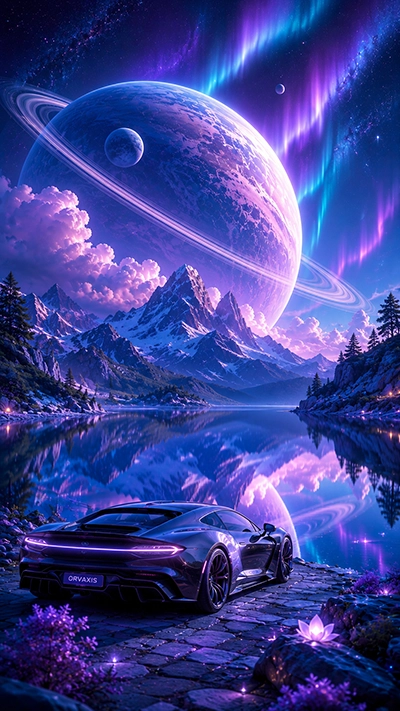 Car Mobile Wallpaper featuring a futuristic black supercar parked beside a crystal lake with snowy mountains, a giant ringed planet, colorful auroras, and a magical fantasy landscape in HD.