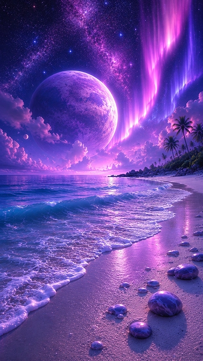 Beach Mobile Wallpaper featuring a tranquil tropical beach with glowing purple aurora, crystal-clear waves, smooth pearl stones, palm trees, and a giant fantasy planet beneath a star-filled sky in HD.