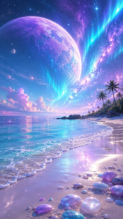 Beach Phone Wallpaper featuring a tranquil tropical beach with turquoise water, pearl stones, palm trees, glowing aurora, and a giant purple fantasy planet beneath a star-filled sky in HD.