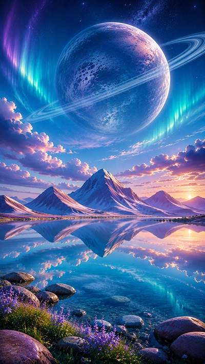 A breathtaking Fantasy Planet Phone Wallpaper featuring a giant ringed planet, colorful auroras, snowy mountains, crystal-clear lake reflections, and a magical sunset sky in HD.