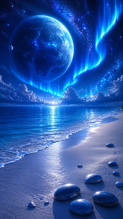 Beach Phone Wallpaper showing a tranquil blue fantasy beach with glowing aurora, crystal-clear ocean, smooth blue stones, a giant celestial planet, and a star-filled night sky in HD.