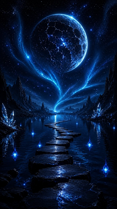 Dark Fantasy Phone Wallpaper featuring a glowing blue crystal lake, floating blue flames, stepping stones, crystal formations, and a massive planet under a magical night sky in HD.