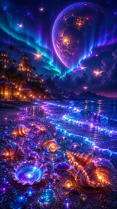 Seashell Mobile Background featuring glowing seashells, crystal pearls, electric waves, a fantasy palace, colorful auroras, and a giant purple planet on a magical beach in HD.