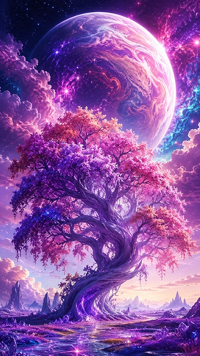 A beautiful Fantasy Tree Phone Wallpaper featuring a glowing pink and violet fantasy tree beneath a giant celestial planet with crystal fields, colorful clouds, and magical fantasy scenery in HD.