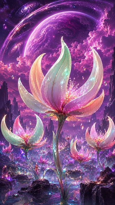Flower Fantasy Wallpapers featuring glowing celestial flowers, crystal blossoms, magical purple skies, giant planets, sparkling gemstones, and an enchanted fantasy landscape in HD.