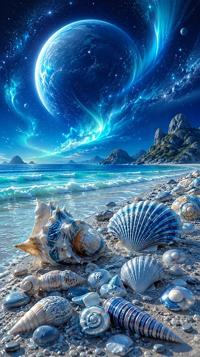 Seashell Phone Wallpaper featuring blue seashells on a fantasy beach with turquoise ocean waves, glowing aurora, giant blue planet, rocky islands, and a magical night sky in HD.