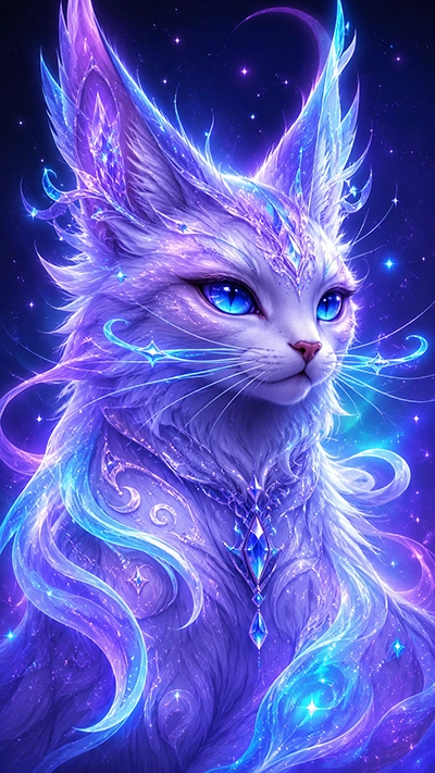 Cat phone Wallpaper featuring a mystical white cat with glowing blue eyes, crystal crown, magical flowing energy, and a colorful cosmic galaxy background in HD.